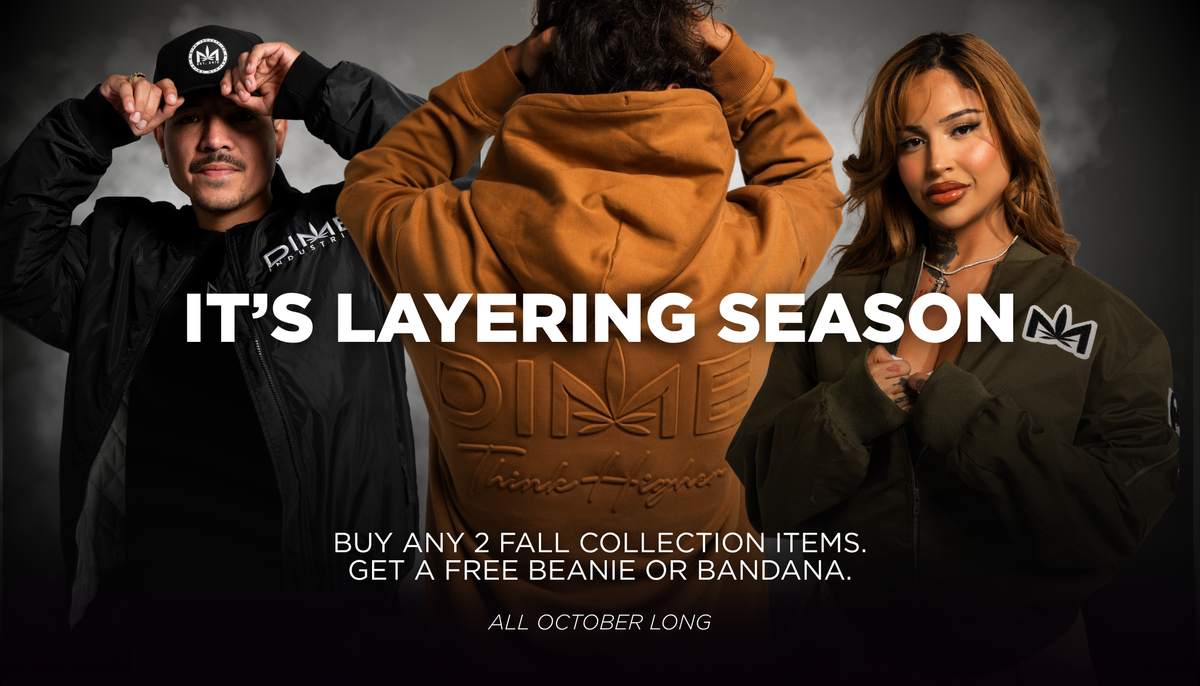 Models wearing black, tan and olive Dime layers. It's layering season. Buy any two fall collection items and get a free beanie or bandana. All October long.